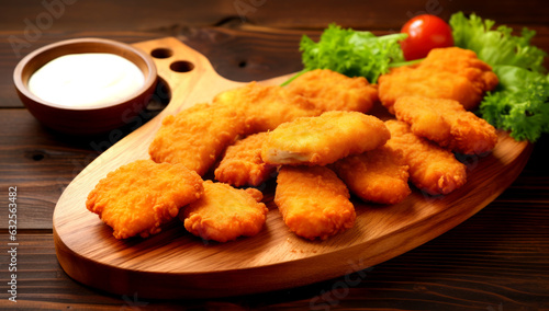 Tasty appetizing crispy chicken nuggets served on wooden board with mustard on dark background. AI Generated