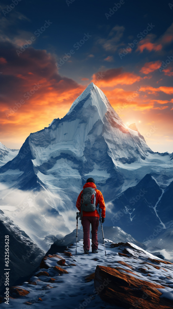 A breathtaking portrait of a hiker reaching a mountain peak, embodying the thrill of adventure, triumph, and the awe-inspiring beauty of conquering nature's heights.