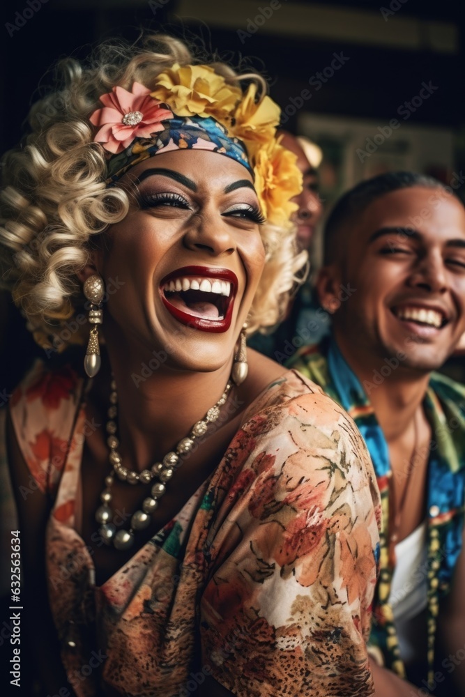 shot of a young man in drag and his friends laughing