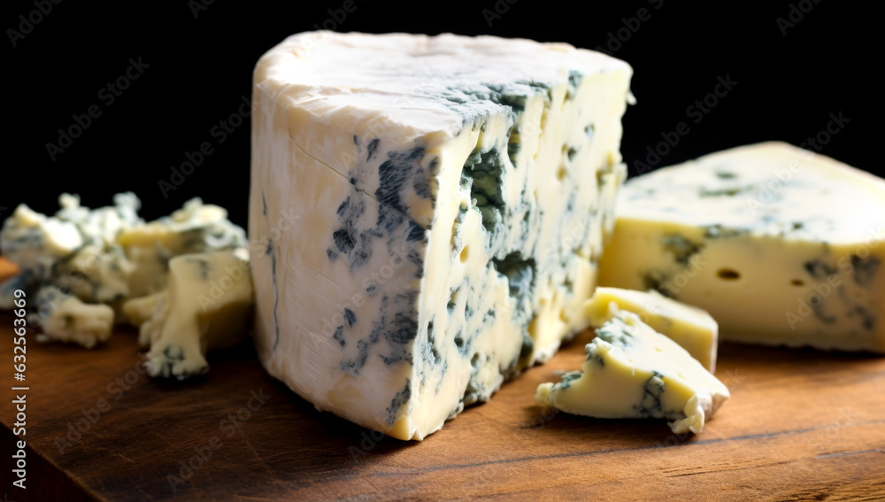 blue cheese on a wooden board. AI Generated
