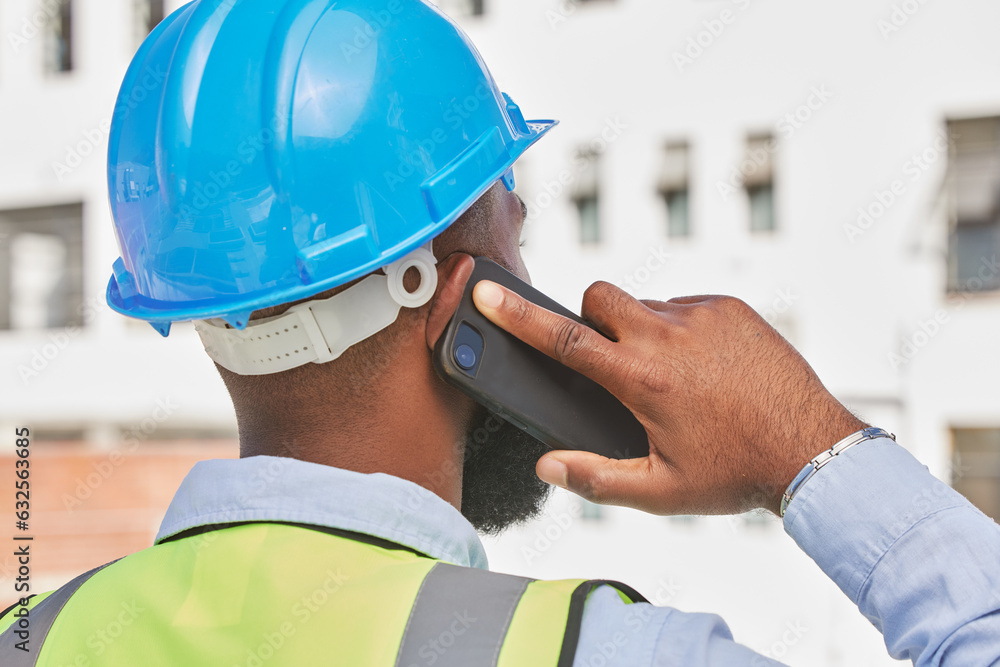 Architecture, phone call and back of black man in city for engineering, communication and contact. Building, construction and project management with contractor for technology and connection