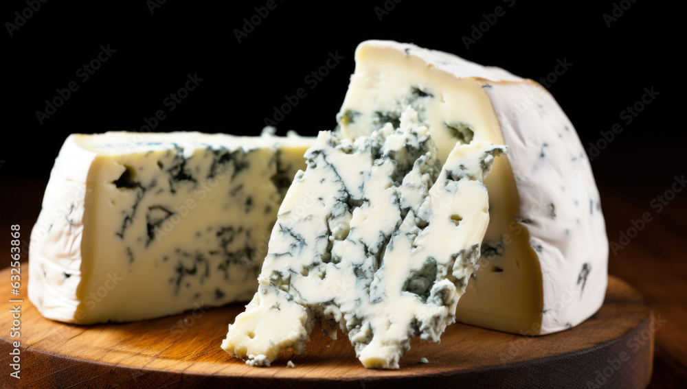 blue cheese on a wooden board. AI Generated