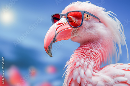 Flamingos wearing sunglasses to block the sun's rays from the blue sky on a tropical island. Travel concept.
