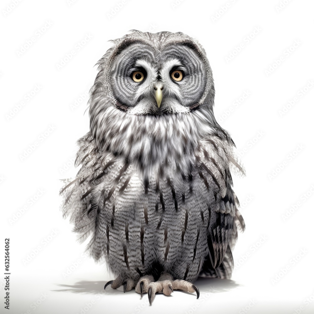 Fototapeta premium Great gray owl bird isolated on white. Generative AI