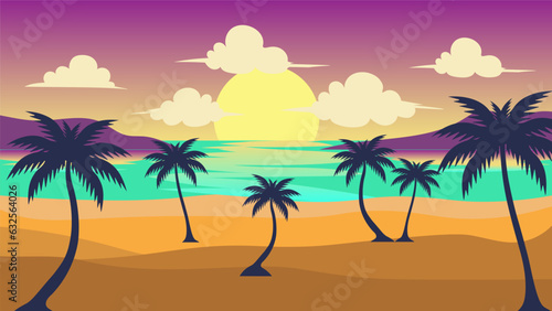 vector illustration of a beach scene at sunset