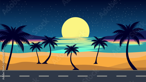vector illustration of a beach scene at night