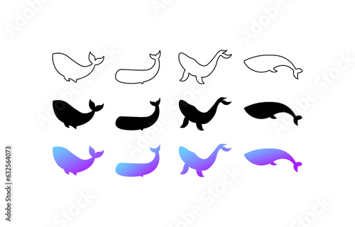 Whale icons. Different styles, whale in different positions. Vector icons