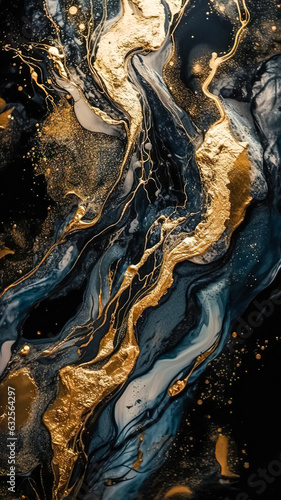 Abstract dark background, texture of spreading golden paint, generative AI.