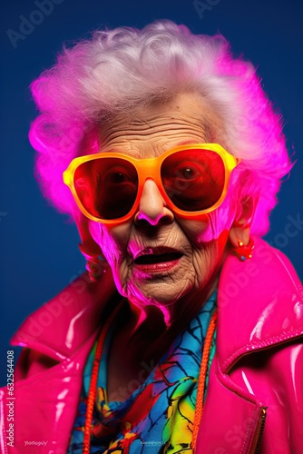 Stylish old woman in sunglasses with neon lights