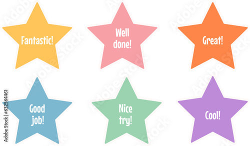 set of colorful school motivation stickers for children, primary school vector motivation stickers for students, young learners