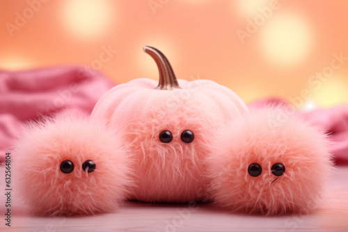 Pink happy halloween composition inspired by y2k style. Puffy pink pumpkins and surreal decorations. Generative AI. photo