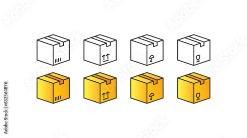 Sealed box. Different styles, the package is sealed, the package is sent, the box is sealed with tape. Vector icons
