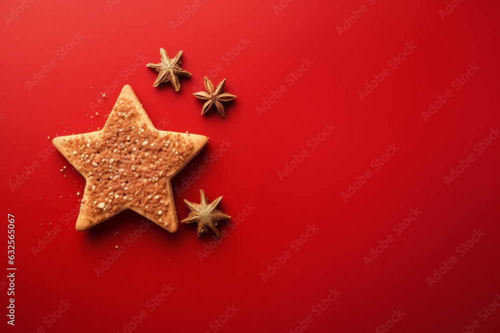 Minimal composition of Christmas pastries and spices on a red background. Generative AI. Minimal composition of Christmas pastries and spices on a red background. Generative AI.