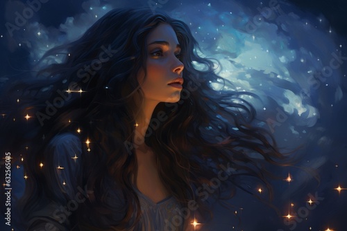 Starlight, woman is looking at view. Beautiful illustration picture. Generative AI