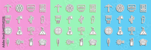 Set line Coal mine trolley, Indian teepee or wigwam, Tooth, Location cowboy, Tomahawk axe, Drum, Pickaxe and Cactus icon. Vector