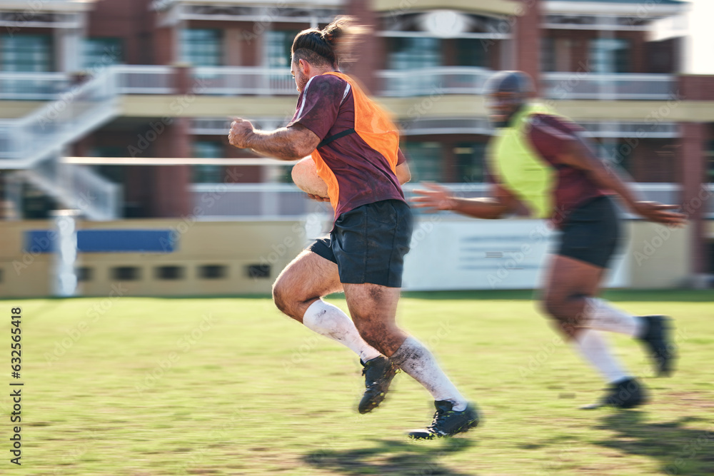 Rugby, sports and motion blur with a team running on a field together for a game or match in preparation of competition. Fitness, health or teamwork with a group of men training on grass for practice