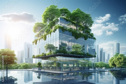 Sustainable green eco friendly building. Beautiful illustration picture. Generative AI
