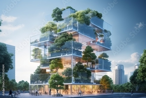 Sustainable green eco friendly building. Beautiful illustration picture. Generative AI © standret
