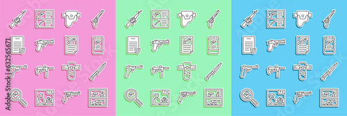 Set line Hunting shop weapon, Military knife, Shop mobile app, Gun holster, Desert eagle gun, Firearms license certificate, M16A1 rifle and icon. Vector