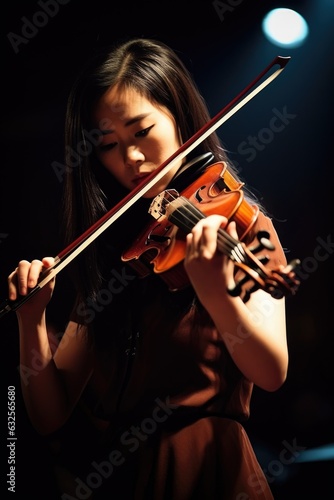 shot of a performer playing her violin at an orchestra concert