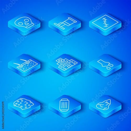 Set line Psoriasis or eczema rash, Medical hospital building, protective mask, Runny nose, Scar with suture, Hair covering skin, Skull and Hepatitis virus icon. Vector