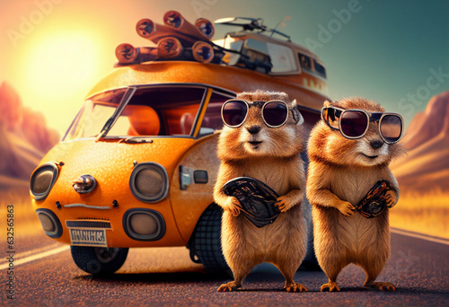 Funny gophers wearing a jacket and sunglasses near a car in the driveway. AI Generated photo