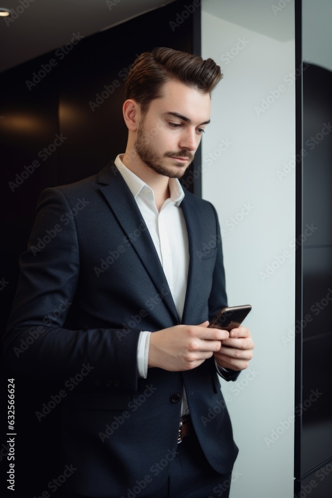 handsome young executive standing in his office using a smartphone handsome young executive standing in his office using a smartphone