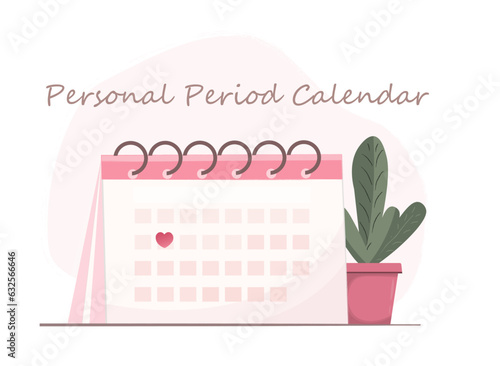 Personal period calendar, calendar for menstruation control and pregnancy planning, period schedule with marked days for woman, women cycle tracker, flat vector illustration