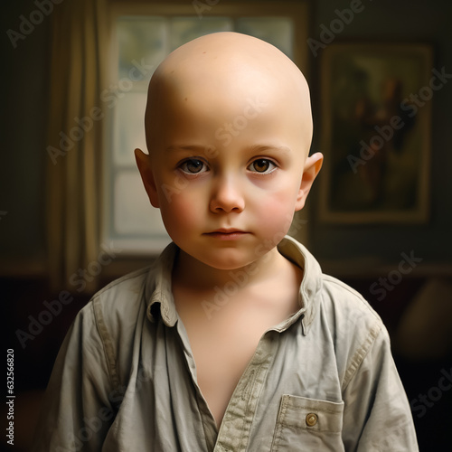 Bald Child Portrait. A little boy suffering from baldness or pediatric alopecia causing slow or no hair growth. Shallow field of view.
