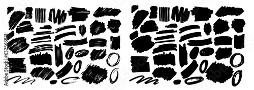 Colección de trazos vectorizados realizados con rotulador gordo, trazos reales hechos a mano con formas variadas, trazos con texturea en color negro, recurso de diseño con trazos sueltos y energicos