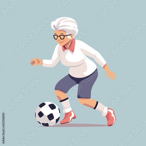 old woman playing soccer vector flat isolated illustration