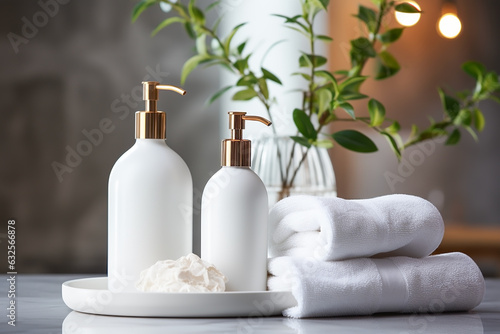Soap dispenser and spa towels, shampoo and rinse bathing set bottles in modern bathroom home decor. Health concept.