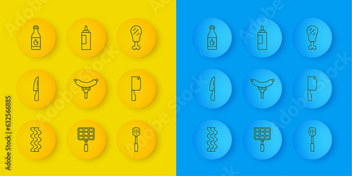 Set line Bacon stripe, Barbecue knife, Sausage the fork, spatula, Meat chopper, Tabasco sauce, Chicken leg and Sauce bottle icon. Vector