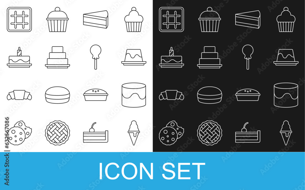 Set line Ice cream in waffle cone, Cake, Pudding custard, Piece of cake, with burning candles, Waffle and Lollipop icon. Vector