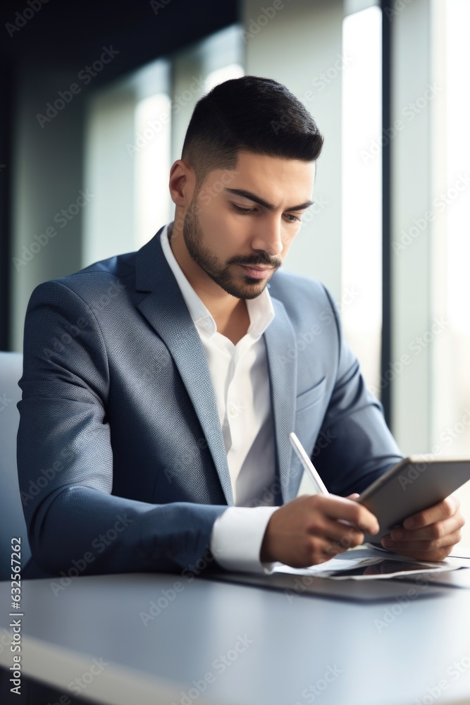 cropped shot of a young businessman using his tablet while working in the office cropped shot of a young businessman using his tablet while working in the office