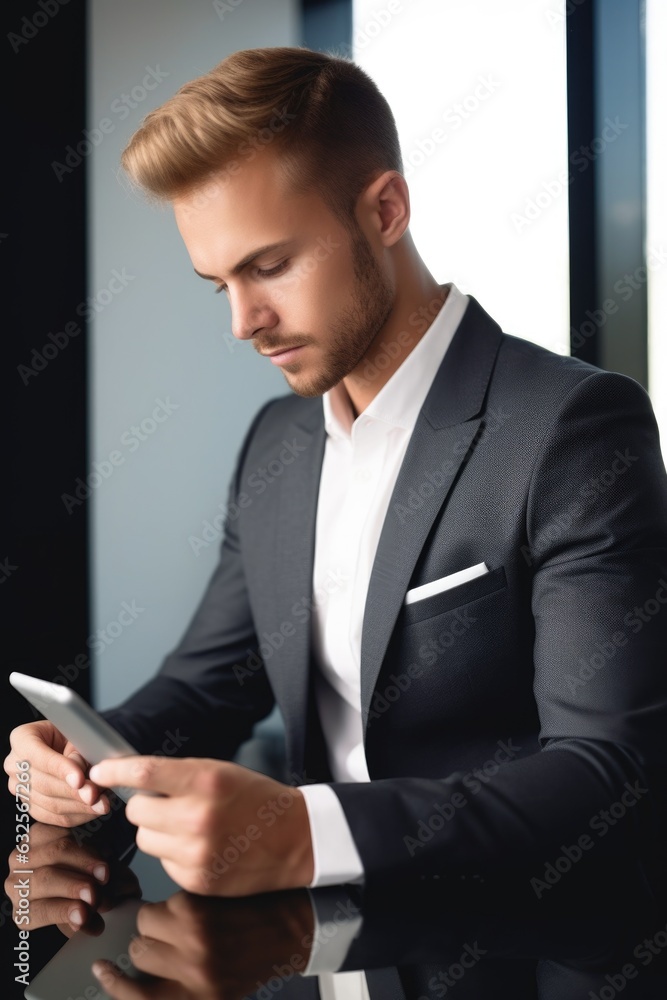 cropped shot of a young businessman using his tablet while working in the office cropped shot of a young businessman using his tablet while working in the office