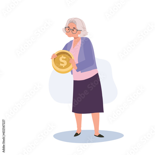 Aged Wealth Management, Retirement Finance concept. Happy Senior Lady Smiling while Holding big coin.