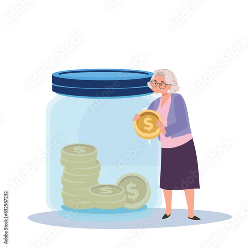 money Collection and Financial Planning concept. Happy Elderly Woman Holding Big Coin for Savings in Jar
