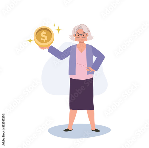 Financial concept. Happy Elderly Woman Holding Coin. Wealthy Aged Woman Showing Currency in Hand