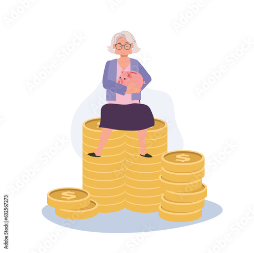 Financial Success. Happy Elderly Woman Holding Piggy Bank Sitting on Coin Stack. Flat vector cartoon illustration