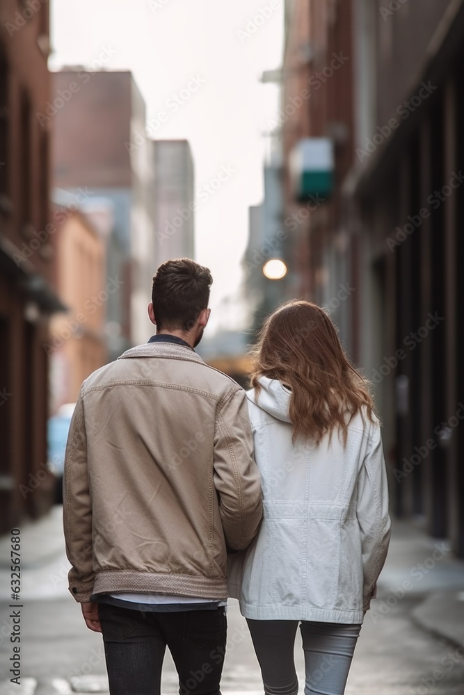rear view shot of a young couple walking towards the camera in an urban city