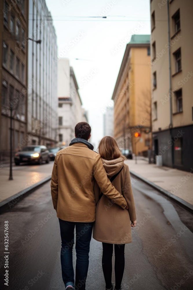 rear view shot of a young couple walking towards the camera in an urban city