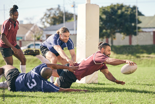 Schilderij op canvas Rugby, sports and score with a team on a field together for a game or match in preparation of a competition