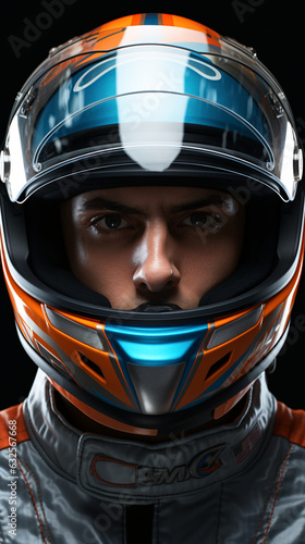 A dynamic portrait of a speedy racer in a helmet, embodying the adrenaline and intensity of the racing world. This athlete's focus and velocity promise thrilling competition