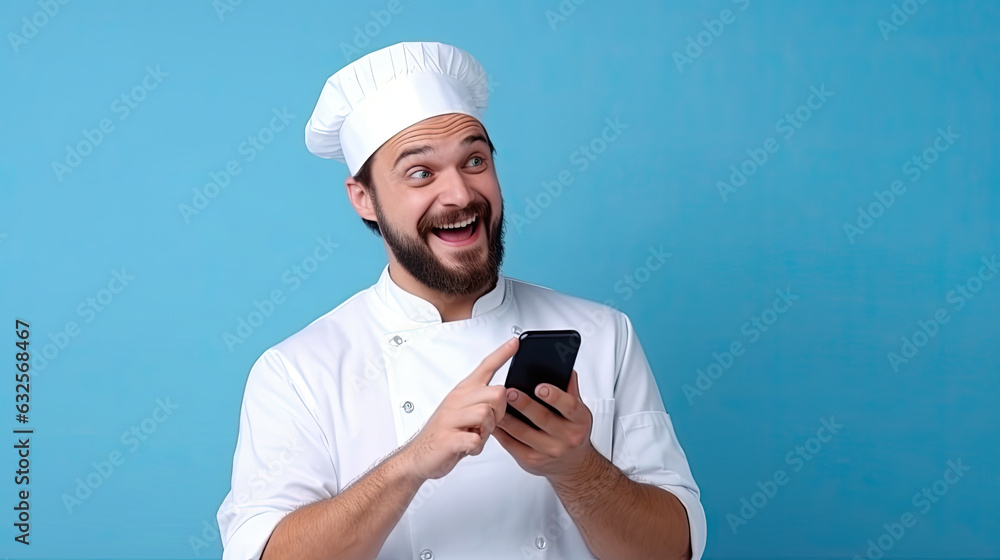 Excited young bearded male chef or cook baker man in apron white t-shirt toque chefs hat isolated on blue wall background studio portrait. Cooking food concept. Pointing index finger on mobile phone Excited young bearded male chef or cook baker man in apron white t-shirt toque chefs hat isolated on blue wall background studio portrait. Cooking food concept. Pointing index finger on mobile phone