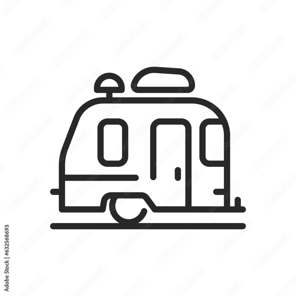 Camper Adventure Icon. Vector Outline Editable Sign of Travel Trailer for Camping and Road Trips. Linear Minimal Illustration. Camper Adventure Icon. Vector Outline Editable Sign of Travel Trailer for Camping and Road Trips. Linear Minimal Illustration.