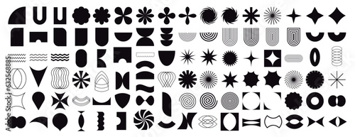 Collection of brutal contemporary figure spiral flower star oval circle and other elements. Abstract minimal geometric elements shapes and grids set. Brutalist design. Vector illustration