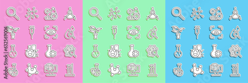 Set line Test tube flask on stand, Microorganisms under magnifier, Drop magnifying glass, Timing belt kit, Syringe, Plant breeding, Magnifying and Eye scan icon. Vector