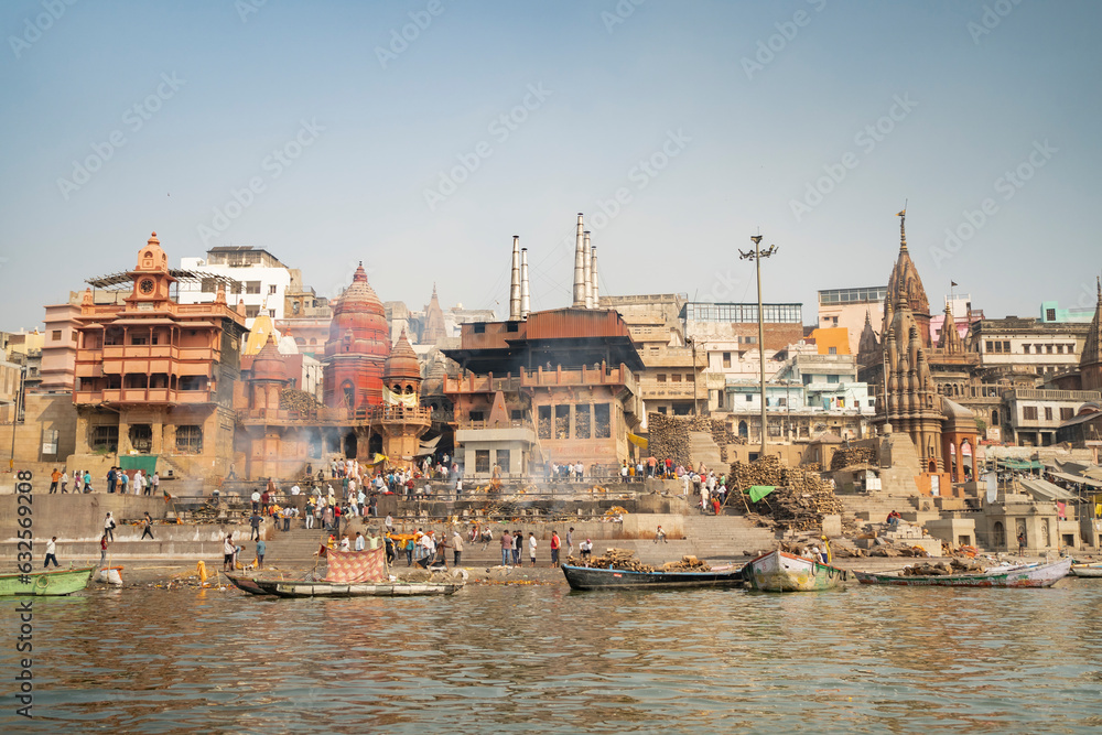 Varanasi, India : March 12 2023  - Manikarnika Ghat darshan (view) while having a boat ride on river Ganga
