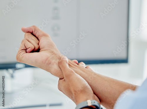 Hand, work and a person with an injury or pain of a muscle from corporate or typing stress. Closeup, business and an employee with carpel tunnel, burnout symptom or massage after an accident